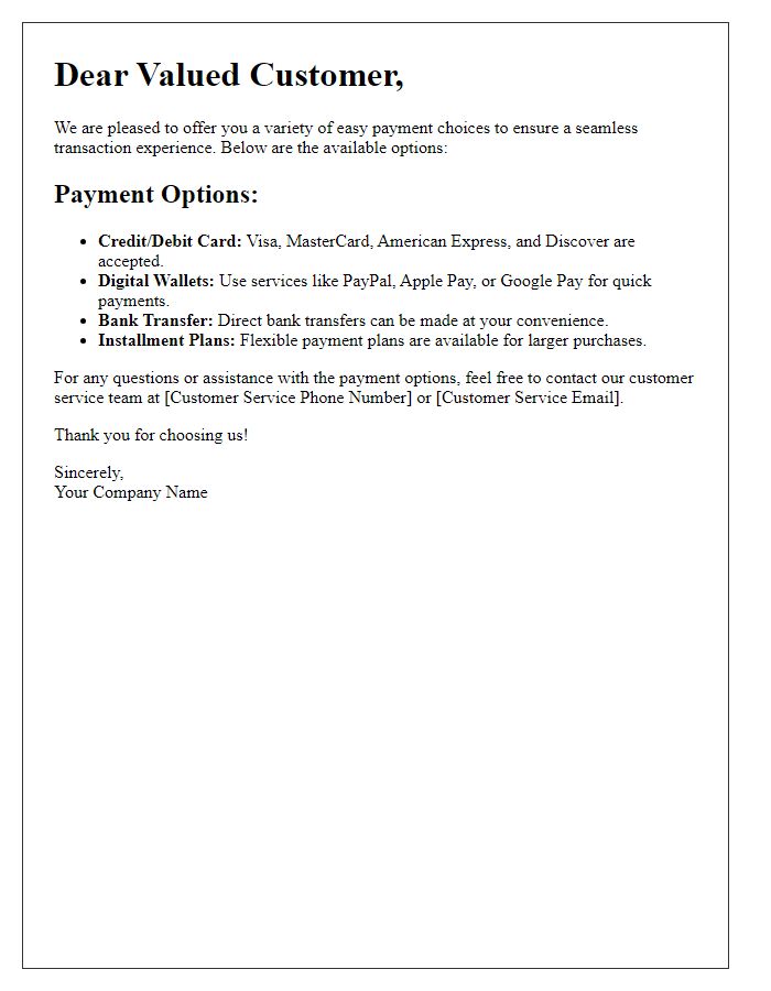 Letter template of easy payment choices for seamless transactions.