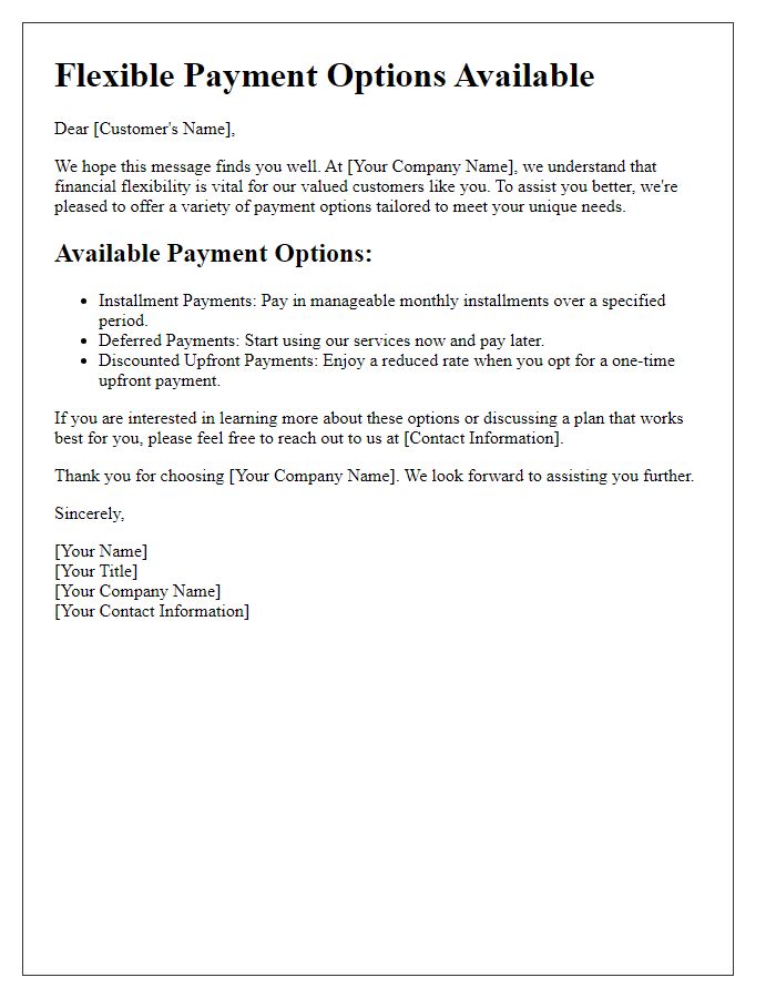 Letter template of flexible payment options for your needs.