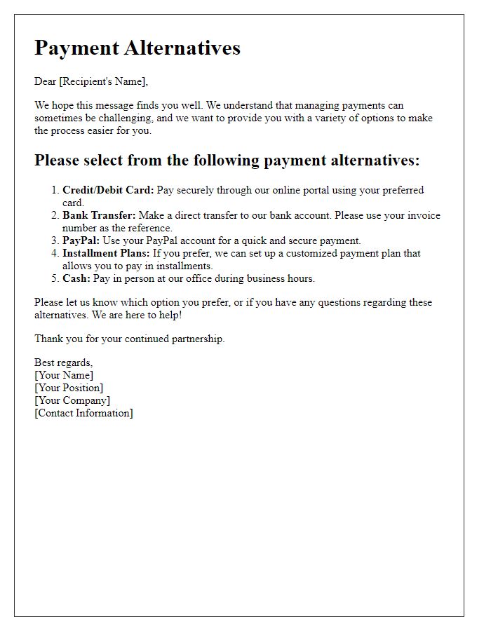 Letter template of payment alternatives to choose from.