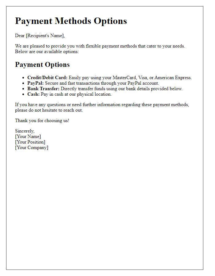 Letter template of simple payment methods designed for flexibility.