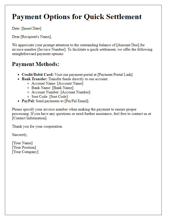 Letter template of straightforward payment options for quick settlement.