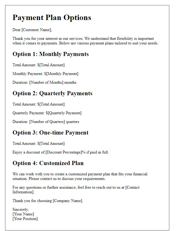 Letter template of various payment plans tailored for you.