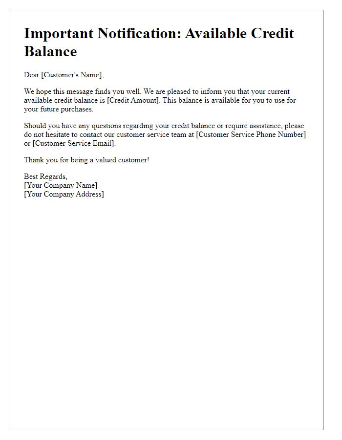 Letter template of available credit balance communication