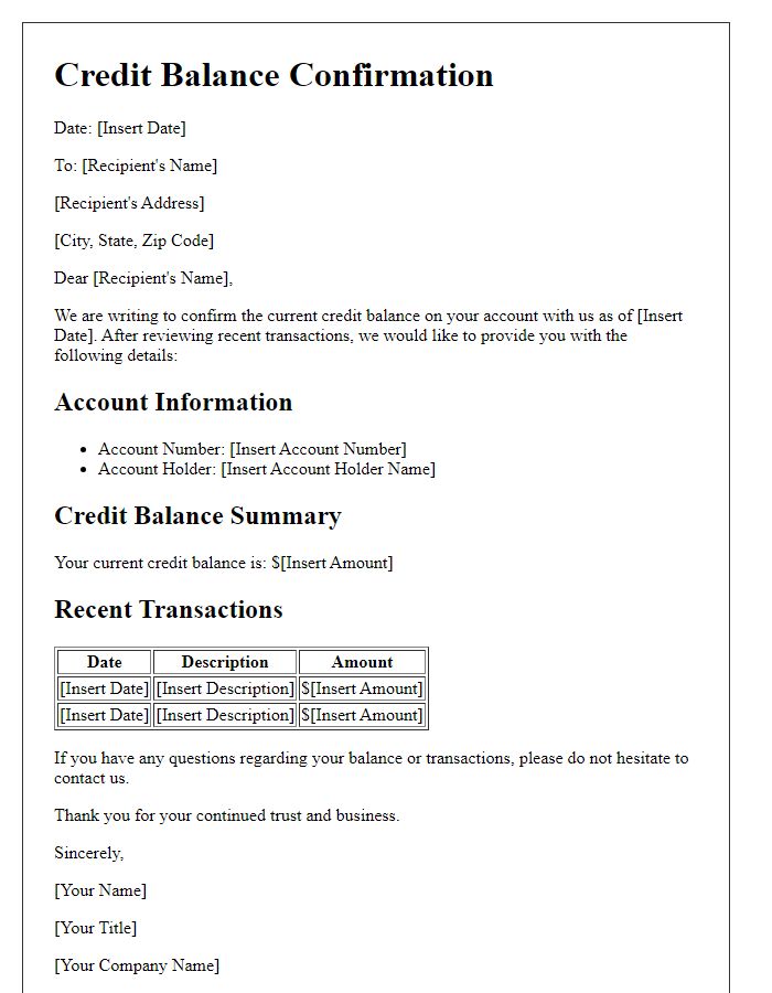 Letter template of credit balance confirmation for recent transactions