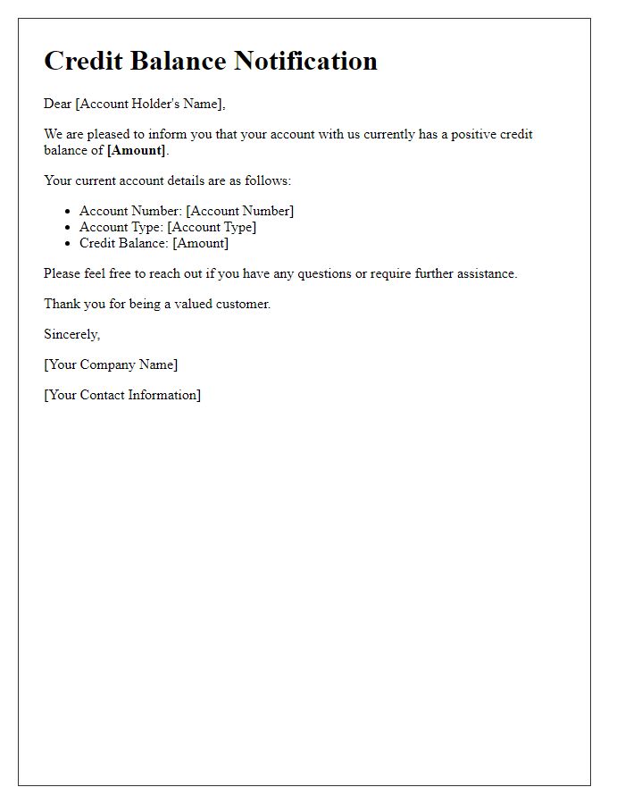 Letter template of credit balance notification for account holders