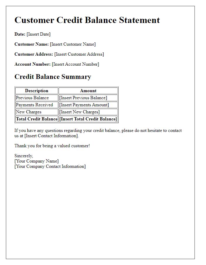 Letter template of customer credit balance statement