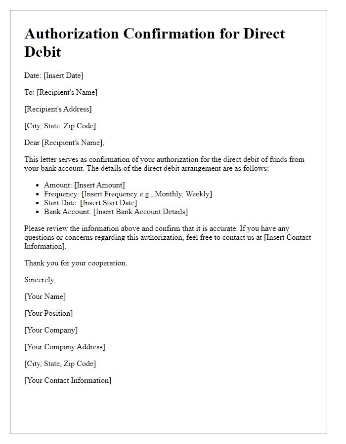 Letter template of Authorization Confirmation for Direct Debit