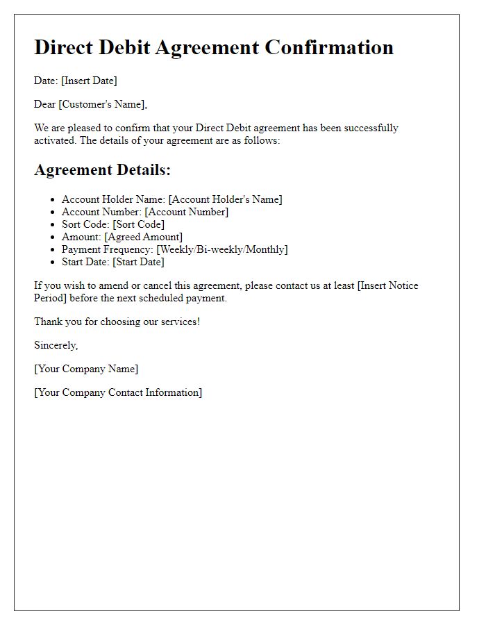 Letter template of Direct Debit Agreement Confirmation