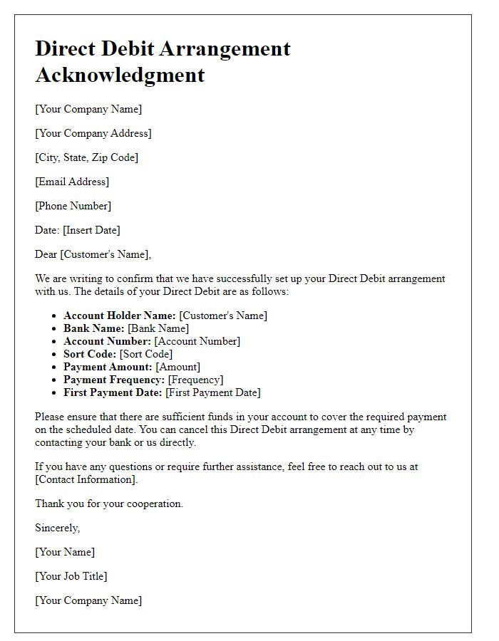 Letter template of Direct Debit Arrangement Acknowledgment