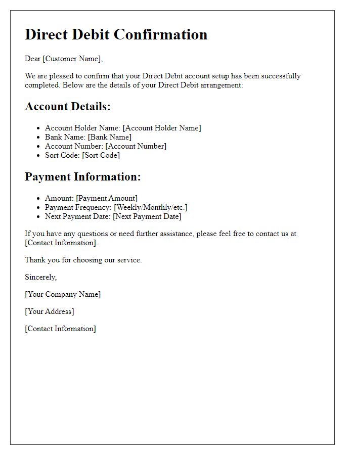 Letter template of Direct Debit Confirmation for Account Setup