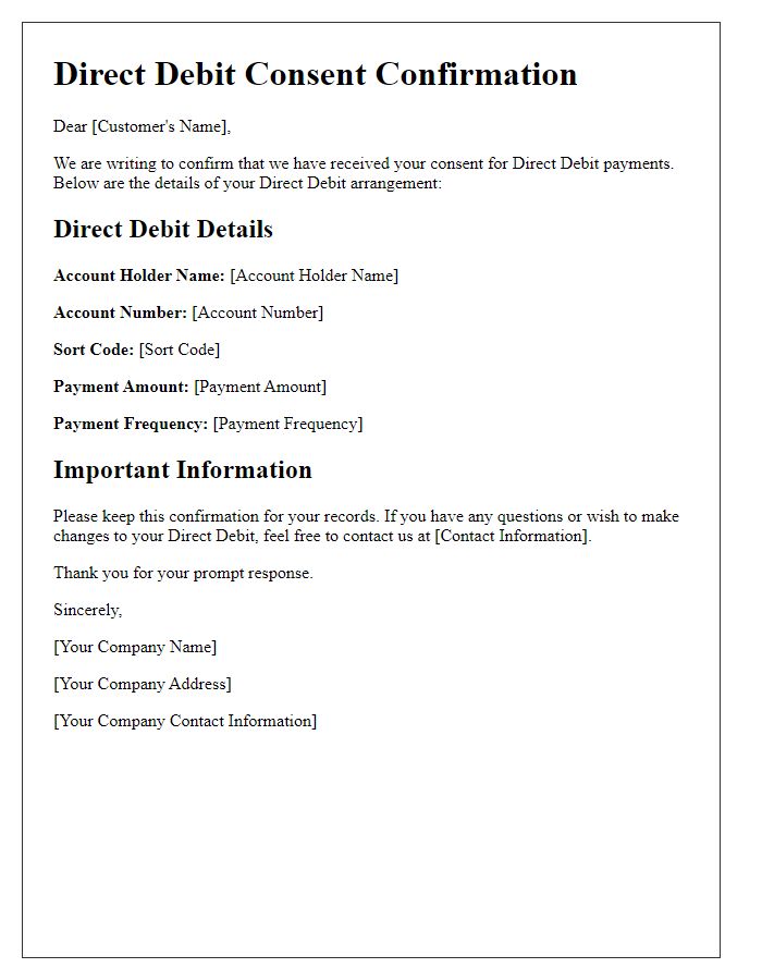 Letter template of Direct Debit Consent Confirmation