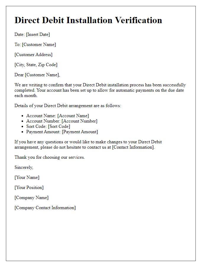 Letter template of Direct Debit Installation Verification