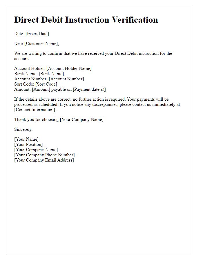 Letter template of Direct Debit Instruction Verification