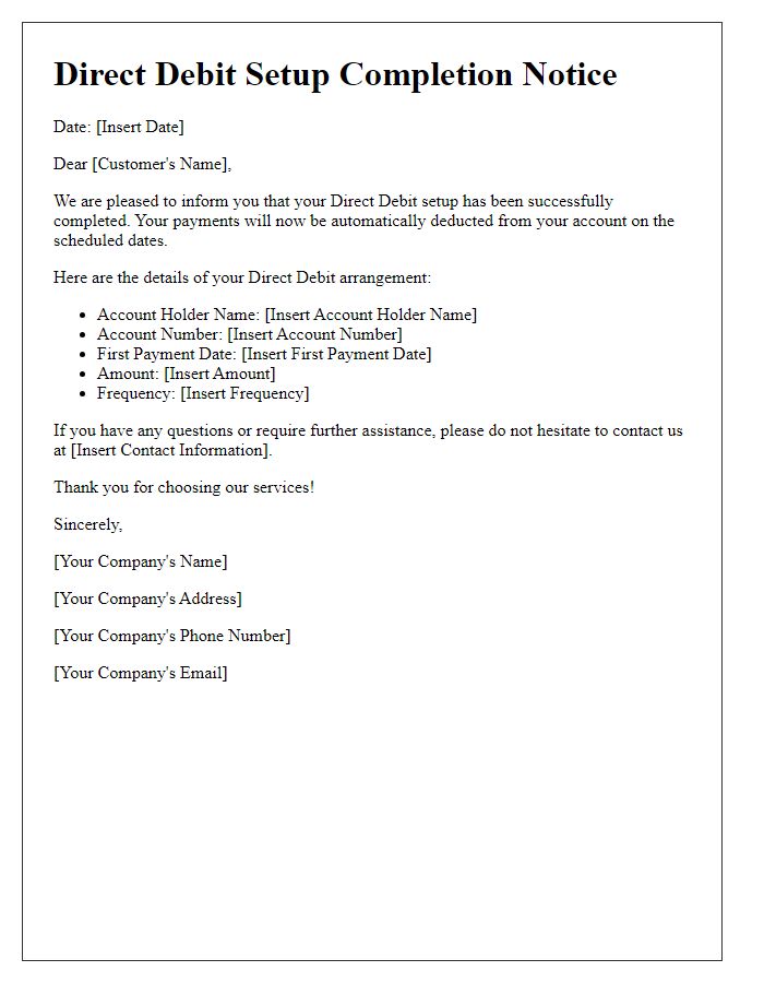 Letter template of Direct Debit Setup Completion Notice