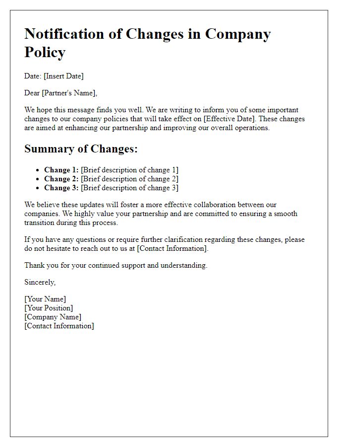 Letter template of changes in company policy for partners.