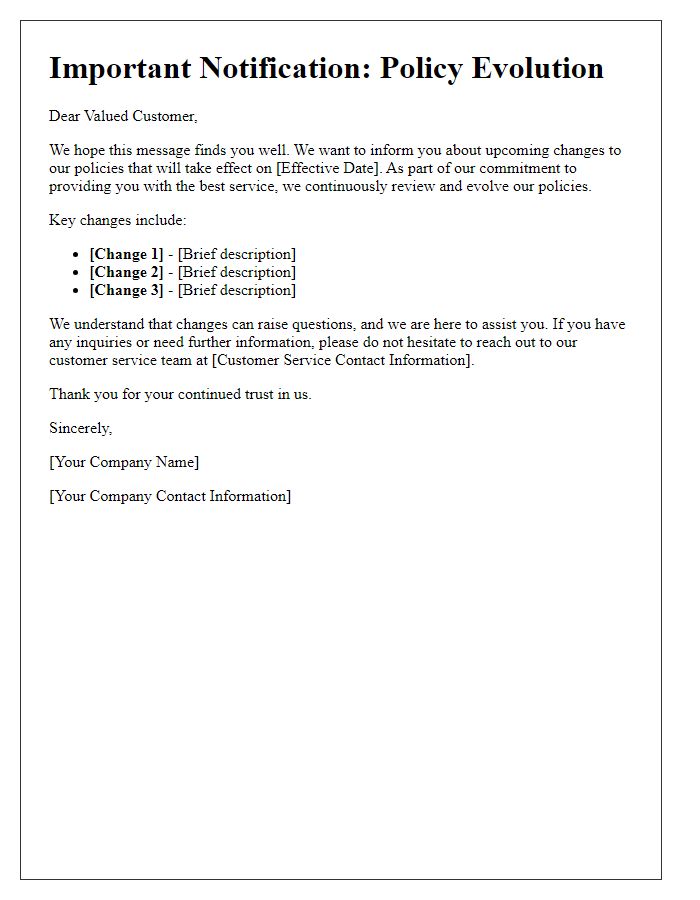 Letter template of notification regarding policy evolution for customers.