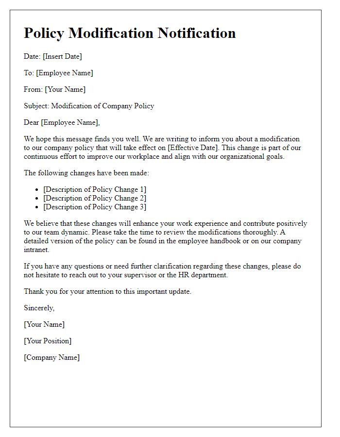 Letter template of policy modification letter for employees.