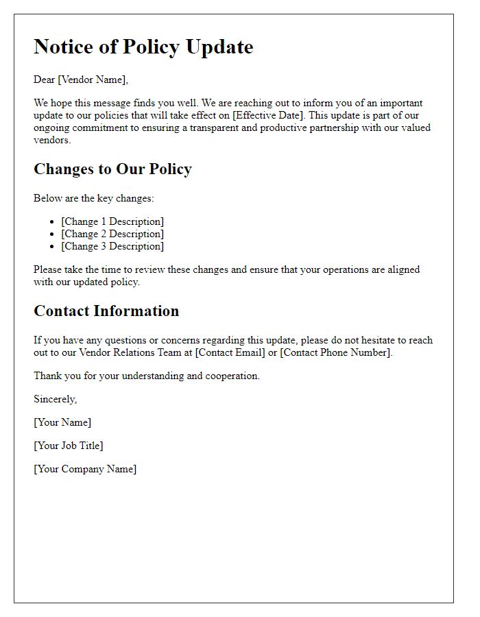 Letter template of policy update communication for vendors.