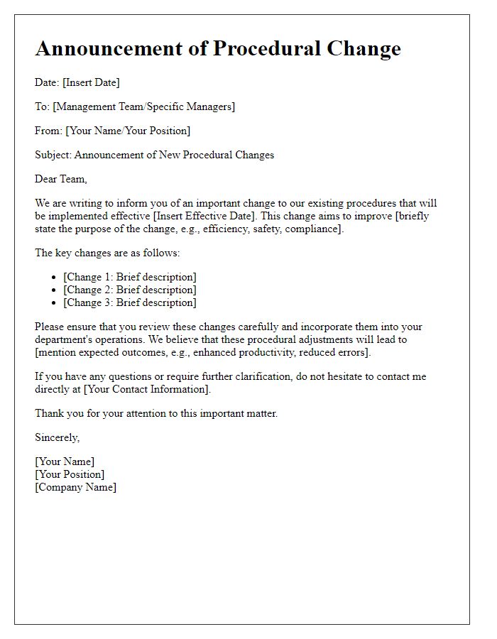 Letter template of procedural change announcement for management.