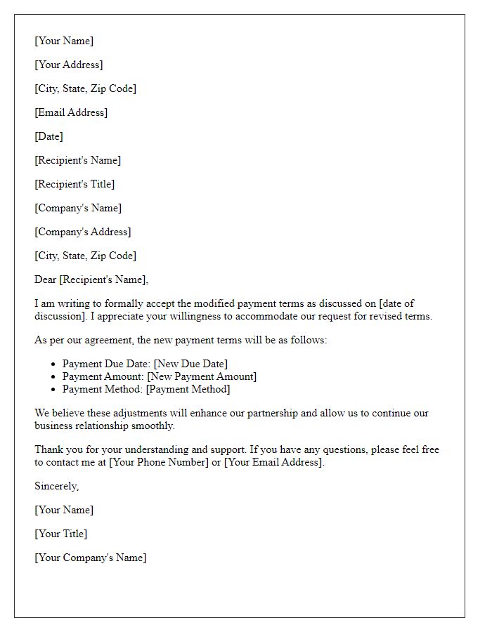 Letter template of acceptance of modified payment terms