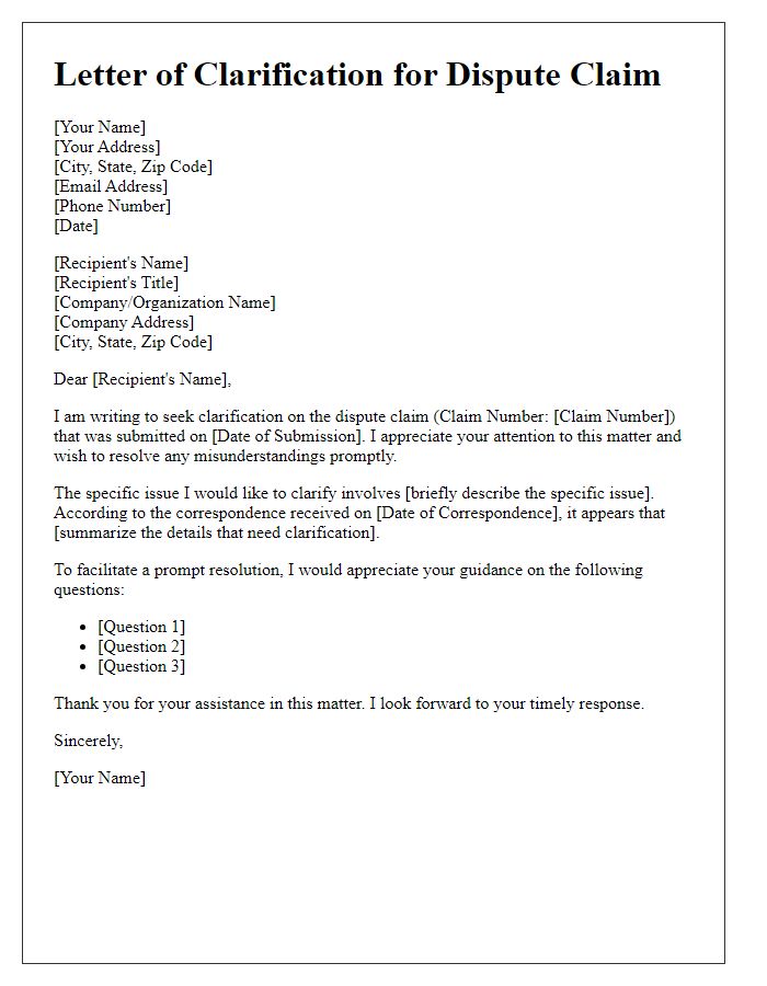 Letter template of correspondence for clarification of dispute claim