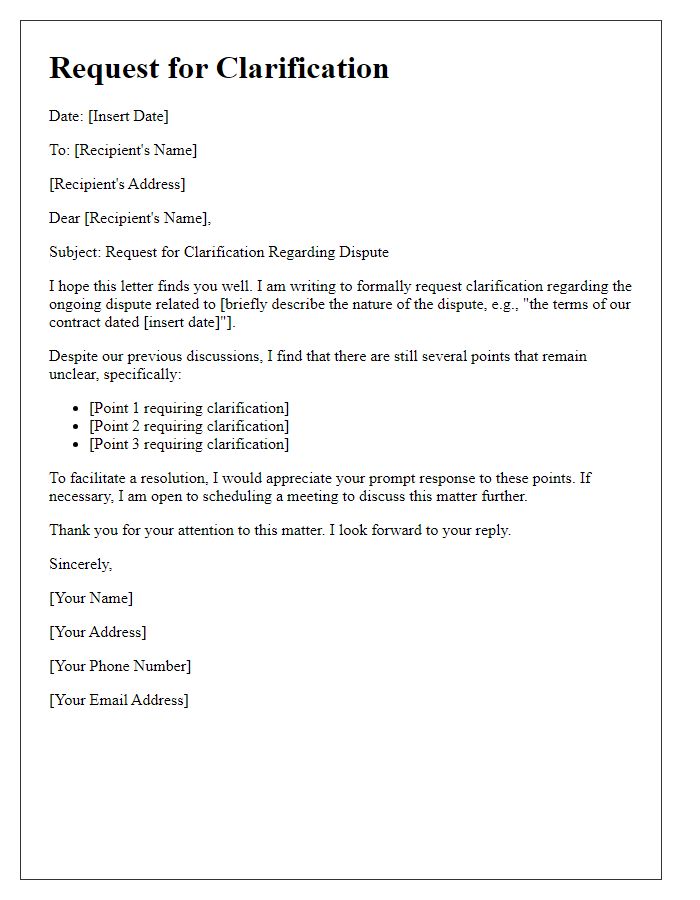 Letter template of notice to request clarification in a dispute