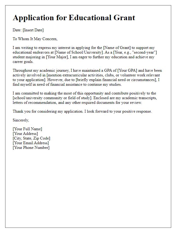 Letter template of application for student educational grants