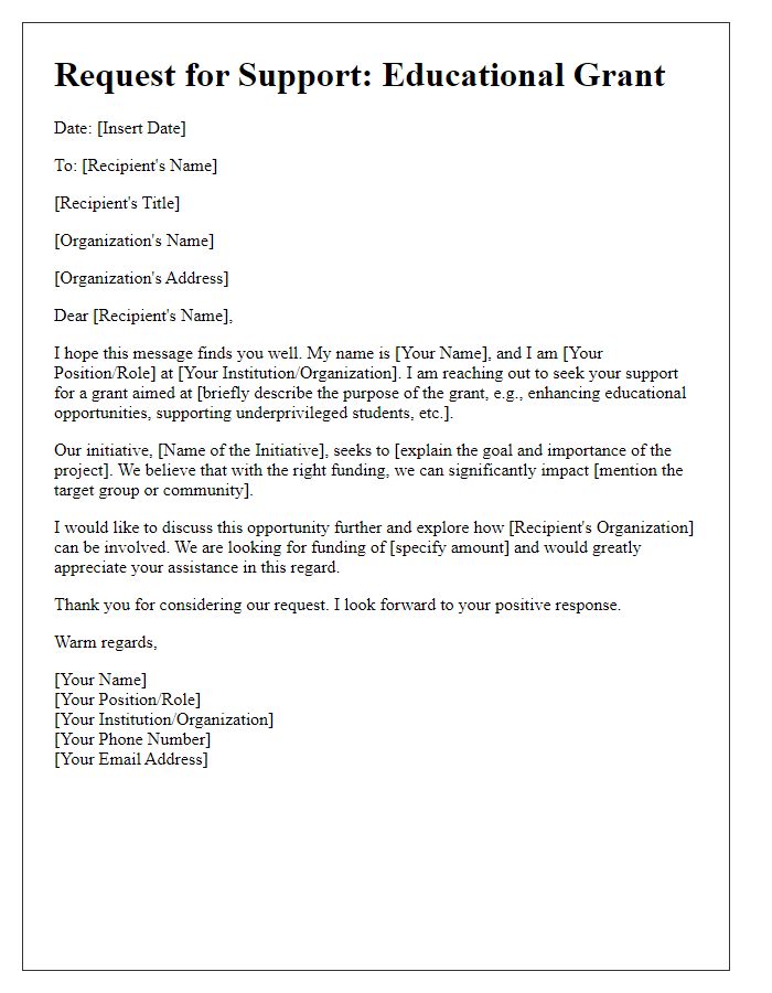 Letter template of support request for educational grants