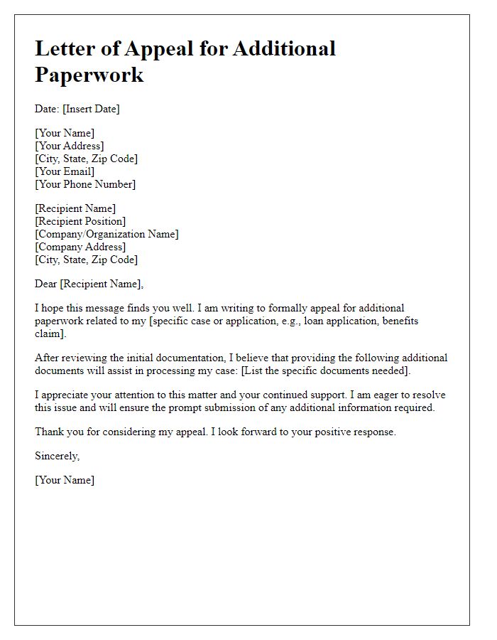 Letter template of appeal for additional paperwork