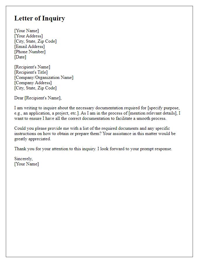 Letter template of inquiry for required documentation