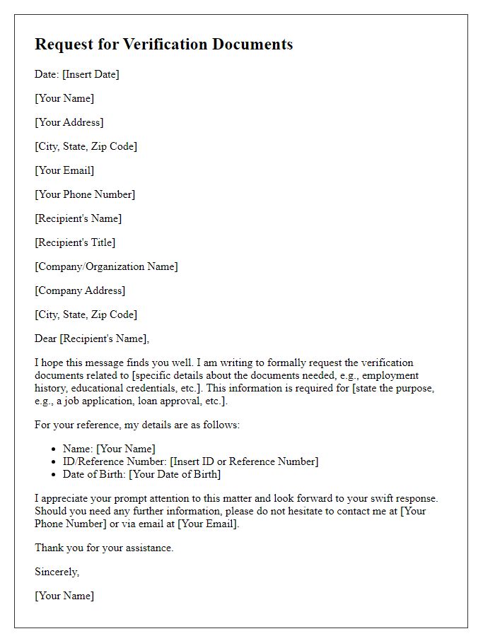 Letter template of request for verification documents