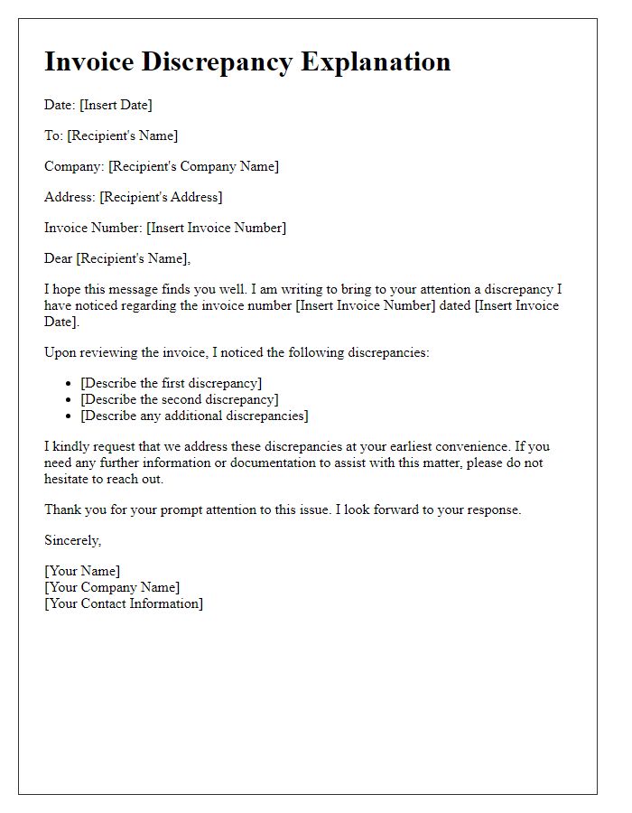 Letter template of invoice discrepancy explanation