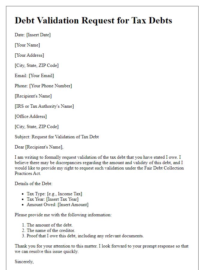 Letter template of debt validation request for tax debts