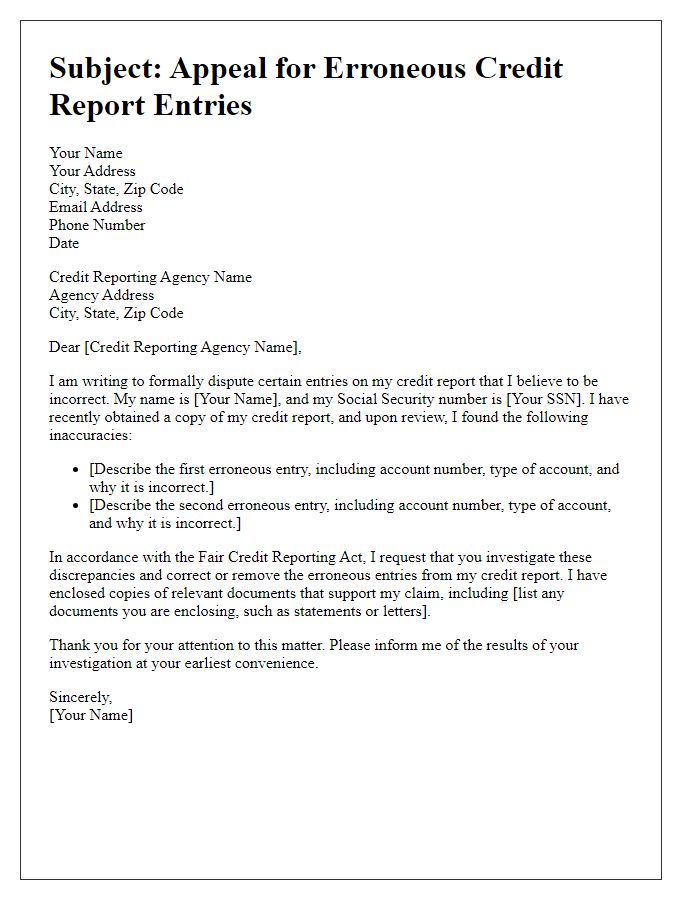 Letter template of appeal for erroneous credit report entries