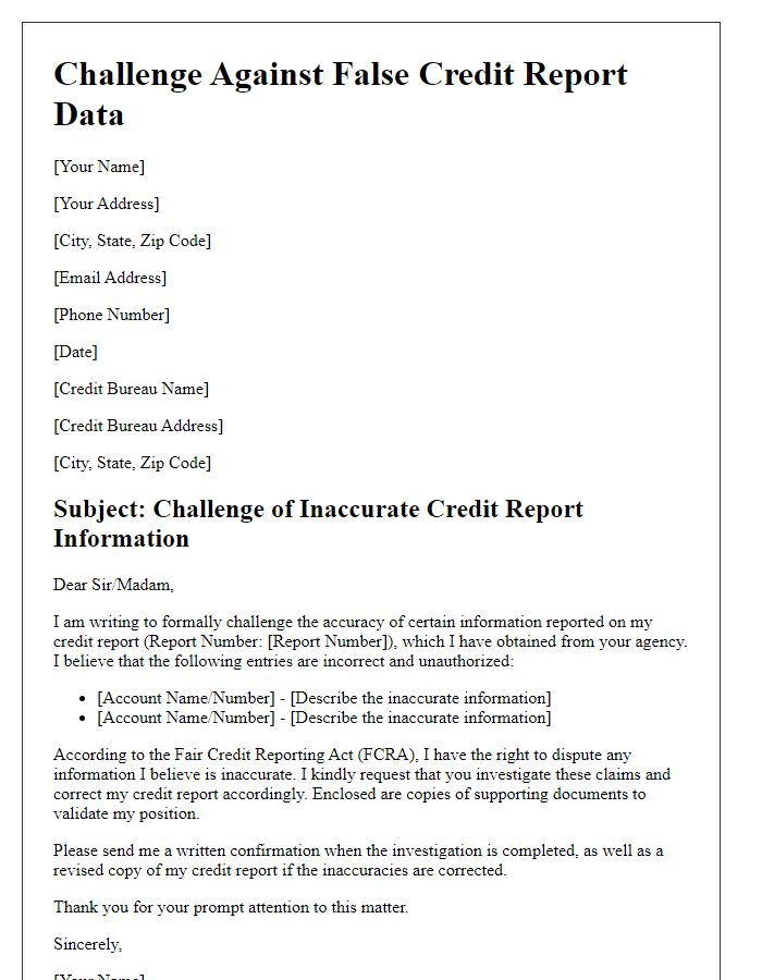 Letter template of challenge against false credit report data