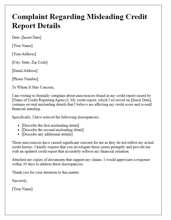 Letter template of complaint about misleading credit report details