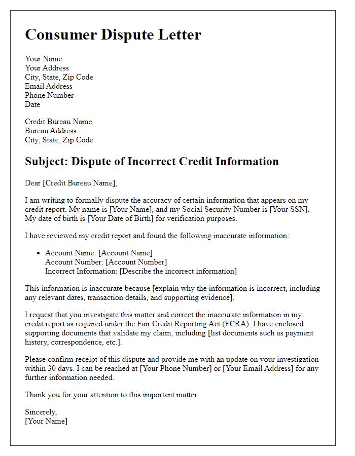 Letter template of consumer dispute for incorrect credit information