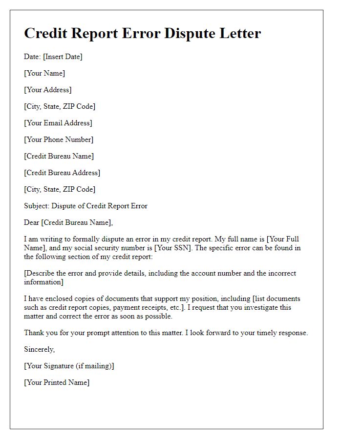 Letter template of credit report error dispute for individuals