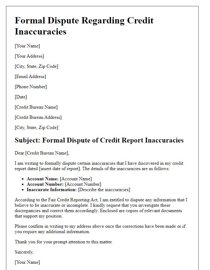 Letter template of formal dispute regarding credit inaccuracies