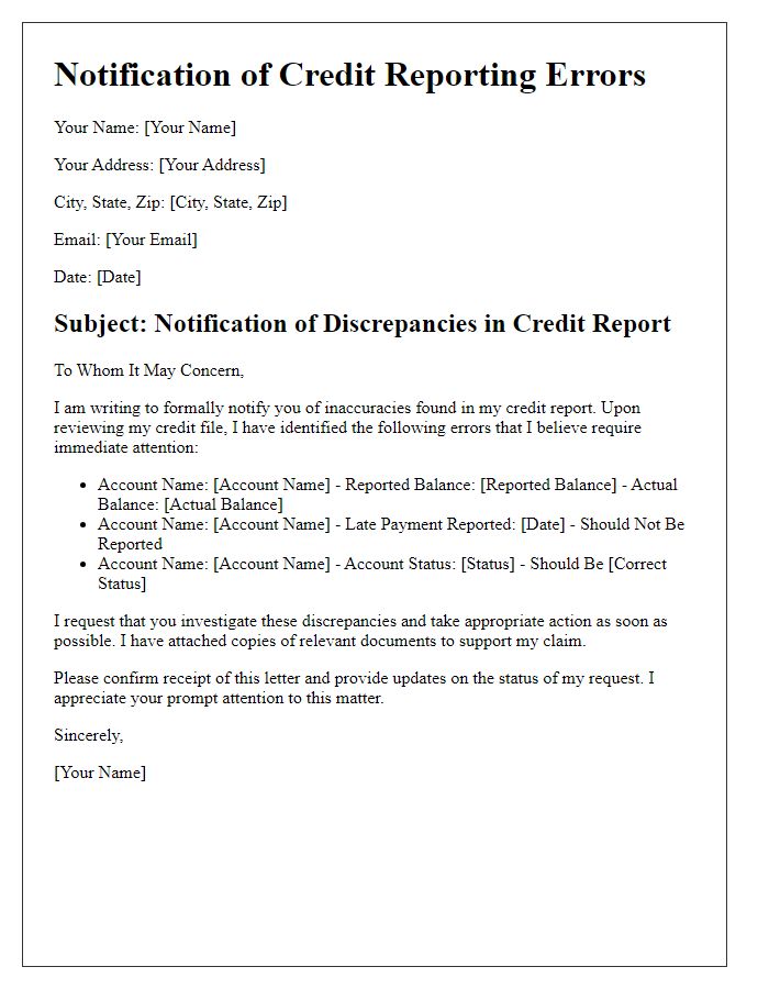 Letter template of notification for credit reporting mistakes