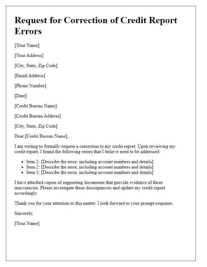 Letter template of request for correction of credit report errors
