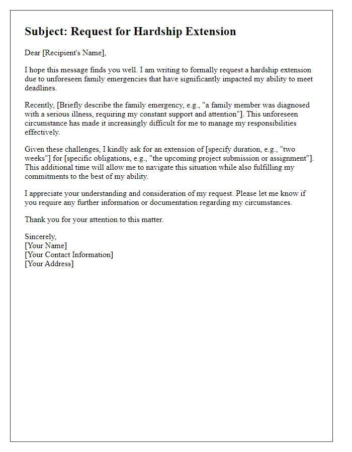 Letter template of hardship extension request related to family emergencies.