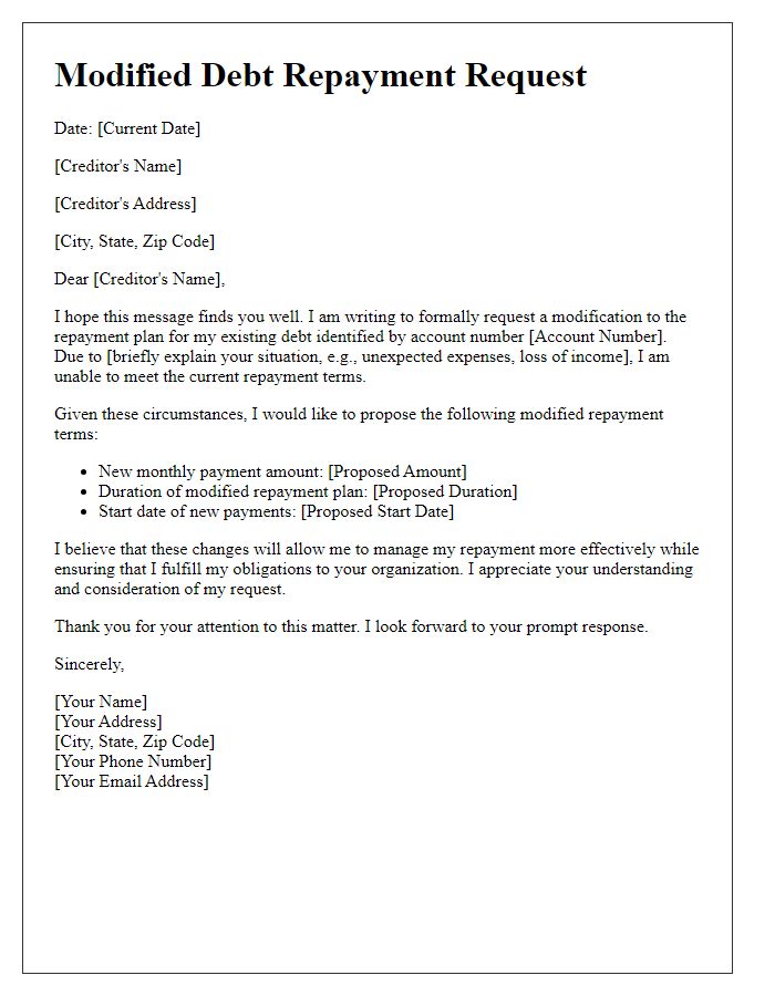 Letter template of modified debt repayment request