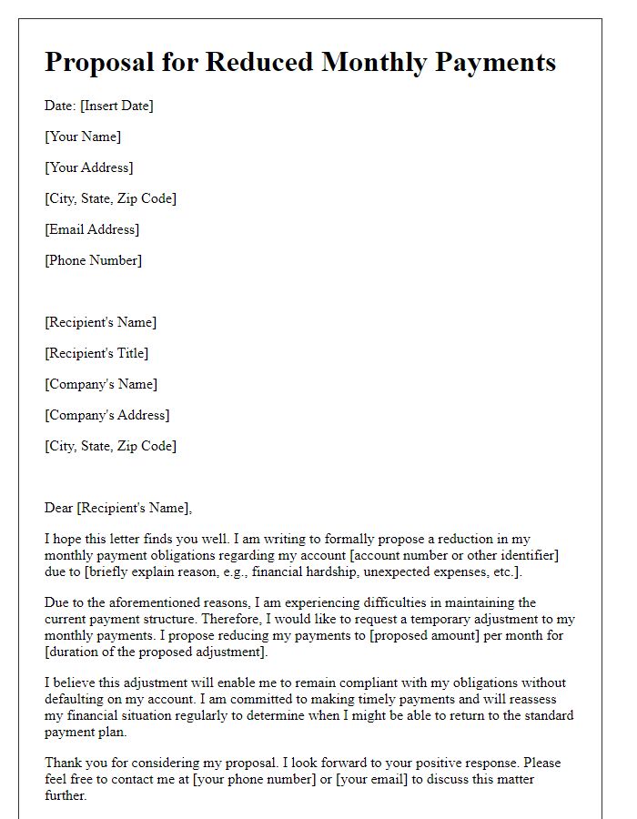 Letter template of proposal for reduced monthly payments