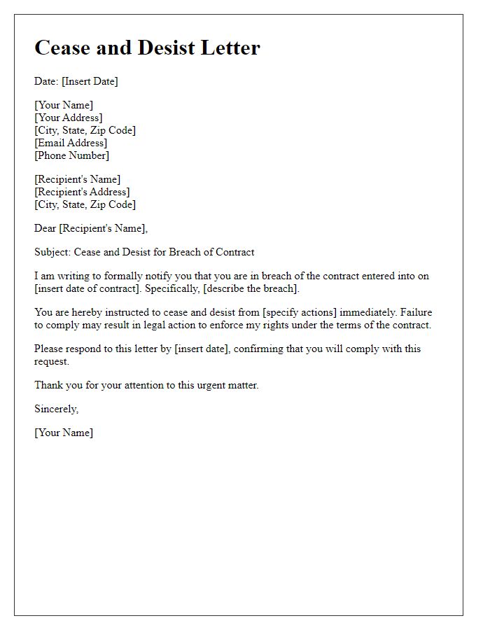 Letter template of cease and desist for contract breach