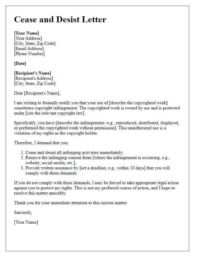 Letter template of cease and desist for copyright infringement