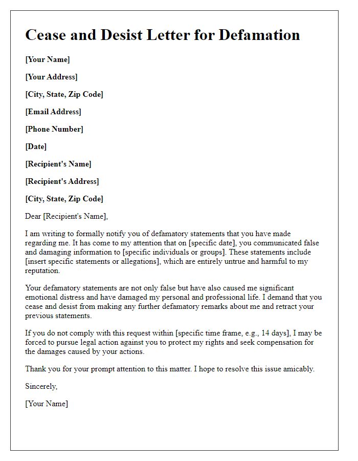 Letter template of cease and desist for defamation