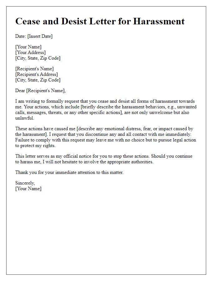 Letter template of cease and desist for harassment