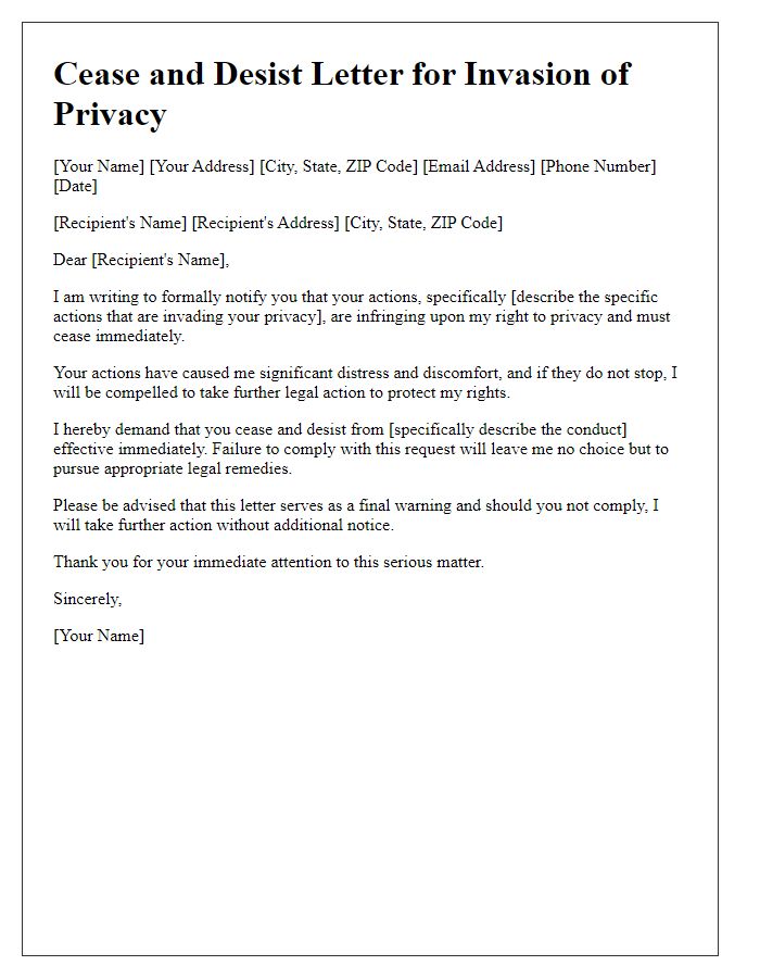 Letter template of cease and desist for invasion of privacy