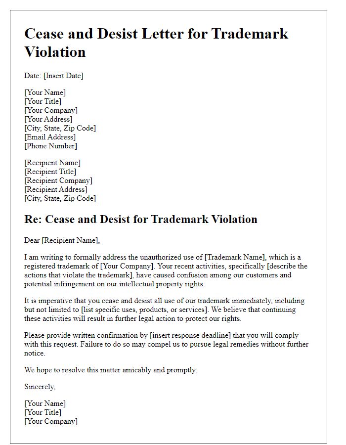 Letter template of cease and desist for trademark violation